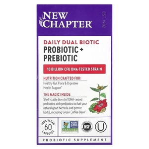 New Chapter, Daily Dual Biotic, пробиотик и пребиотик, 60 веганских капсул