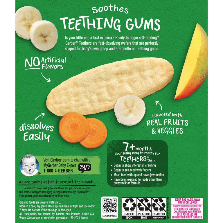Gerber, Organic for Baby, вафли для защиты зубов, от 7 месяцев, манго, банан и морковь, 12 пакетиков по 2 шт. В индивидуальной упаковке, по 2 вафли