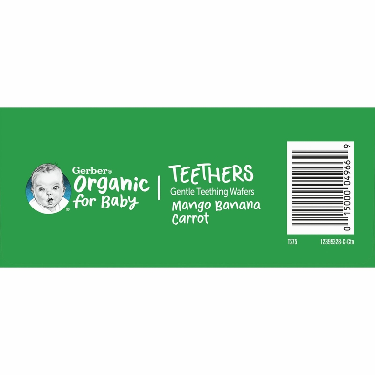 Gerber, Organic for Baby, вафли для защиты зубов, от 7 месяцев, манго, банан и морковь, 12 пакетиков по 2 шт. В индивидуальной упаковке, по 2 вафли