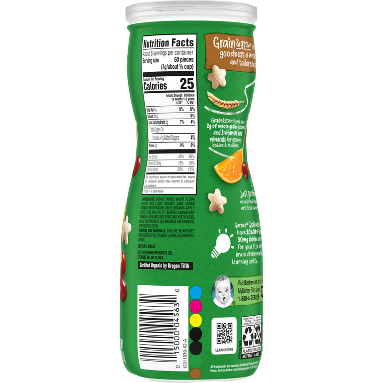 Gerber, Organic for Baby, Grain & Grow, Puffs, снек из воздушных злаков, для детей от 8 месяцев, клюква и апельсин, 42 г (1,48 унции)