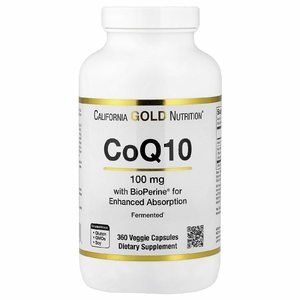 California Gold Nutrition, коэнзим Q10, убихинон класса USP с экстрактом чёрного перца Bioperine®, улучшенная биодоступность, 100 мг, 360 растительных капсул
