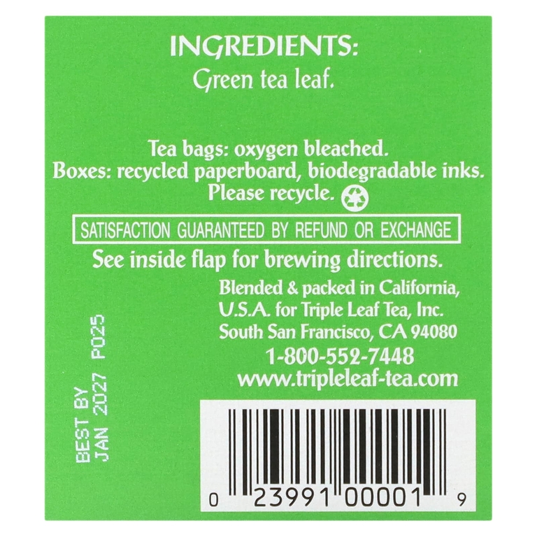 Triple Leaf Tea, зеленый чай, 20 чайных пакетиков, 38 г (1,34 унции)