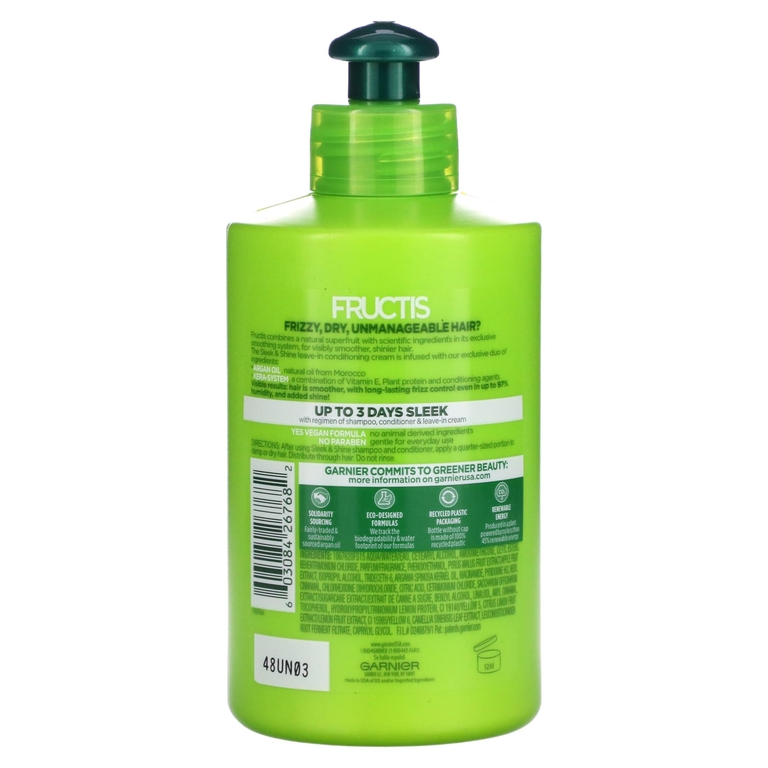 Garnier, Fructis, Sleek & Shine, несмываемый кондиционер для интенсивной разглаживания, вьющиеся, сухие, непослушные волосы, 300 мл (10,2 жидк. унц.)