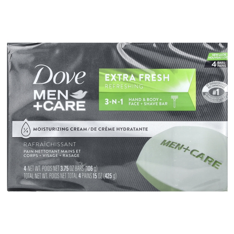 Dove, Men+Care, кусковое мыло 3-N-1, экстрасвежесть, 4 шт. по 106 г (3,75 унции)
