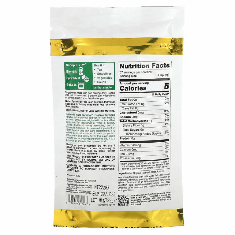 California Gold Nutrition, Superfoods, порошок из органической куркумы, 114 г (4 унции)