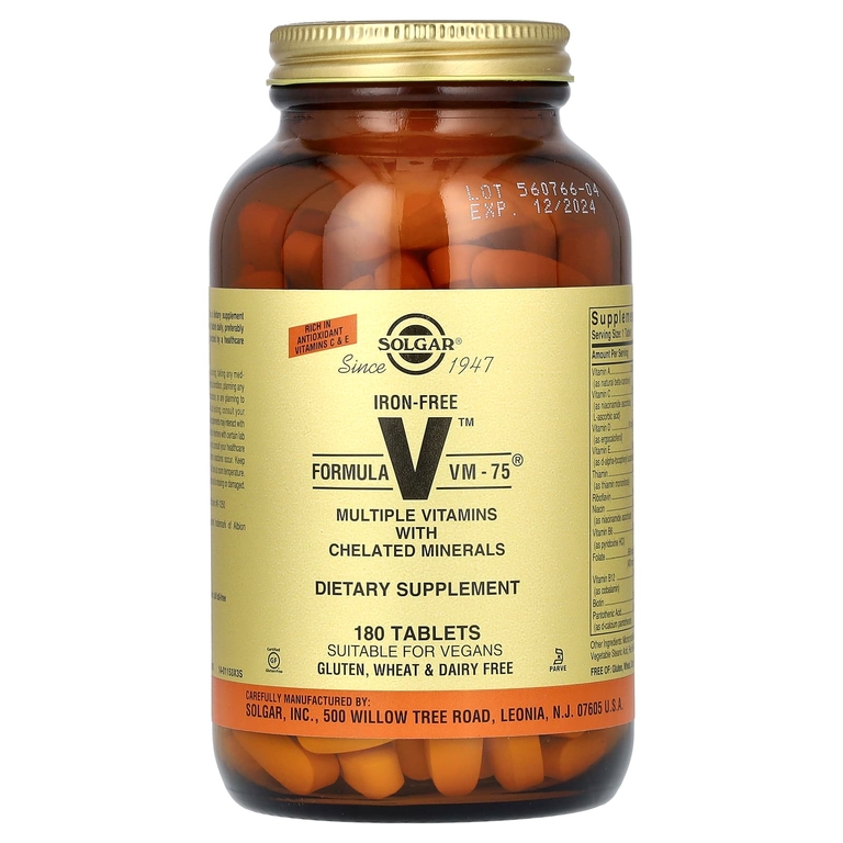 Solgar, Formula VM-75, комплексные витамины с микроэлементами в хелатной форме, без железа, 180 таблеток
