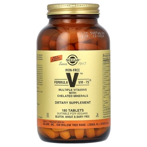 Solgar, Formula VM-75, комплексные витамины с микроэлементами в хелатной форме, без железа, 180 таблеток