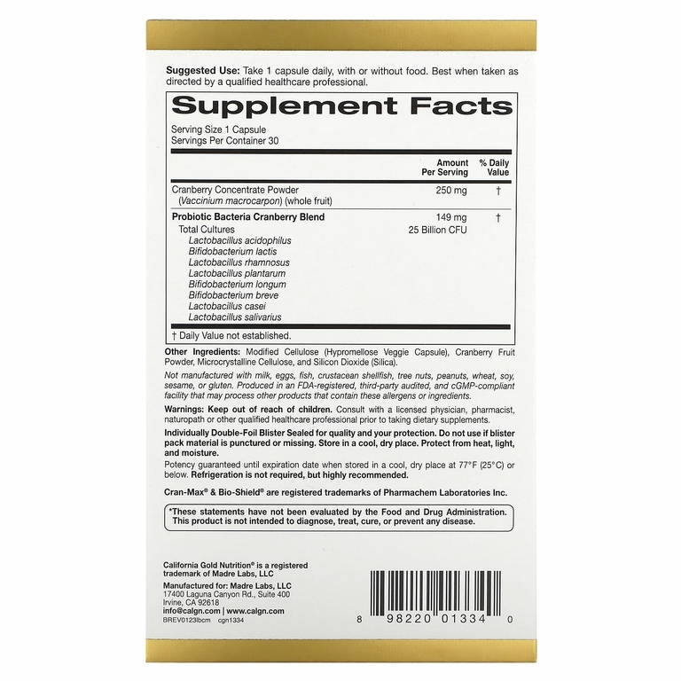 California Gold Nutrition, Lactobif, Cran-Max, пробиотики, 25 млрд КОЕ, 30 растительных капсул