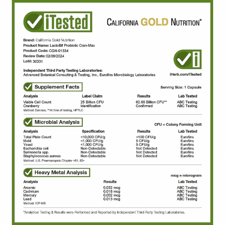 California Gold Nutrition, Lactobif, Cran-Max, пробиотики, 25 млрд КОЕ, 30 растительных капсул