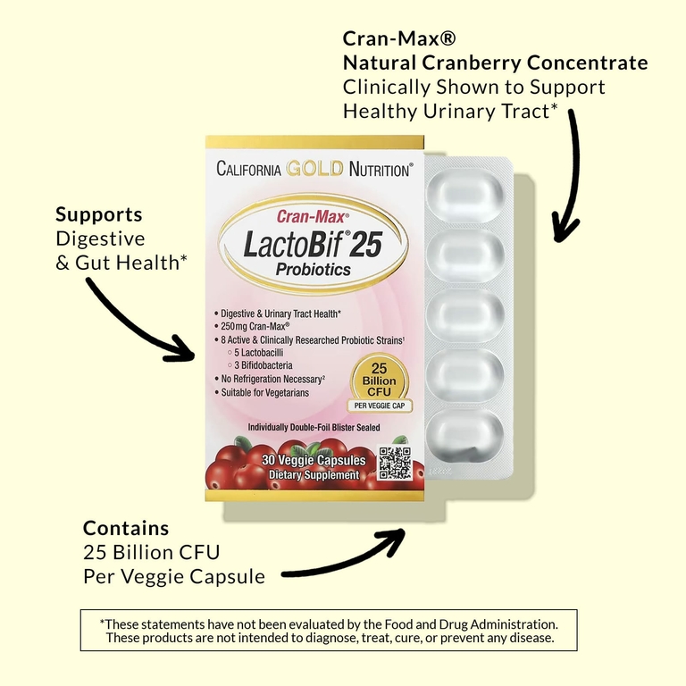 California Gold Nutrition, Lactobif, Cran-Max, пробиотики, 25 млрд КОЕ, 30 растительных капсул