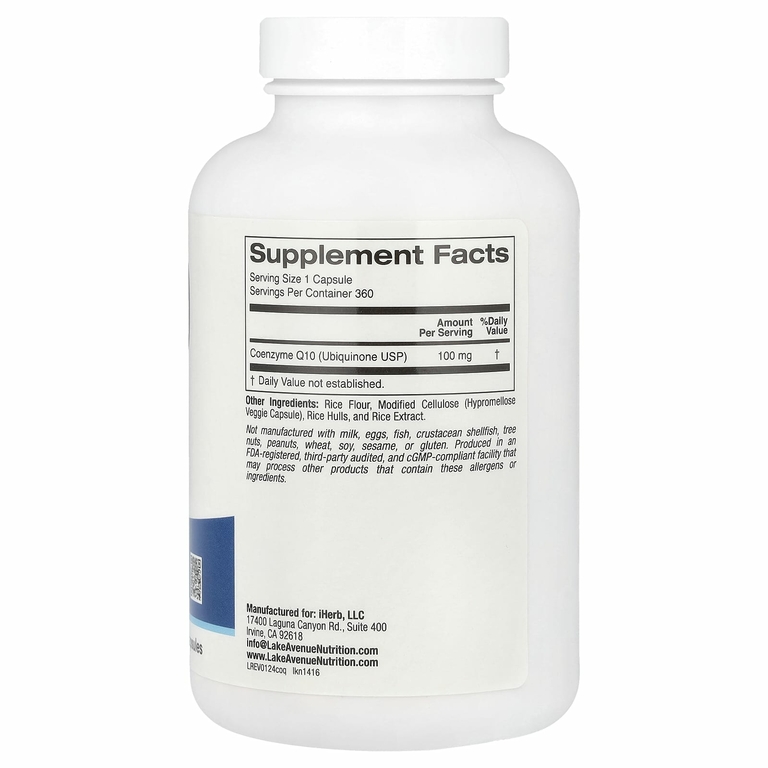 Lake Avenue Nutrition, коэнзим Q10, убихинон класса USP, 100 мг, 360 растительных капсул