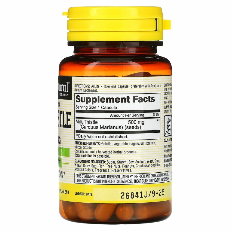 Mason Natural, Экстракт молочного чертополоха (цельных растений), 500 мг, 60 капсул