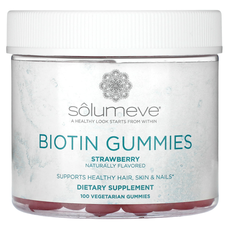 Solumeve, жевательная добавка с биотином, без желатина, с клубничным вкусом, 100 вегетарианских жевательных таблеток