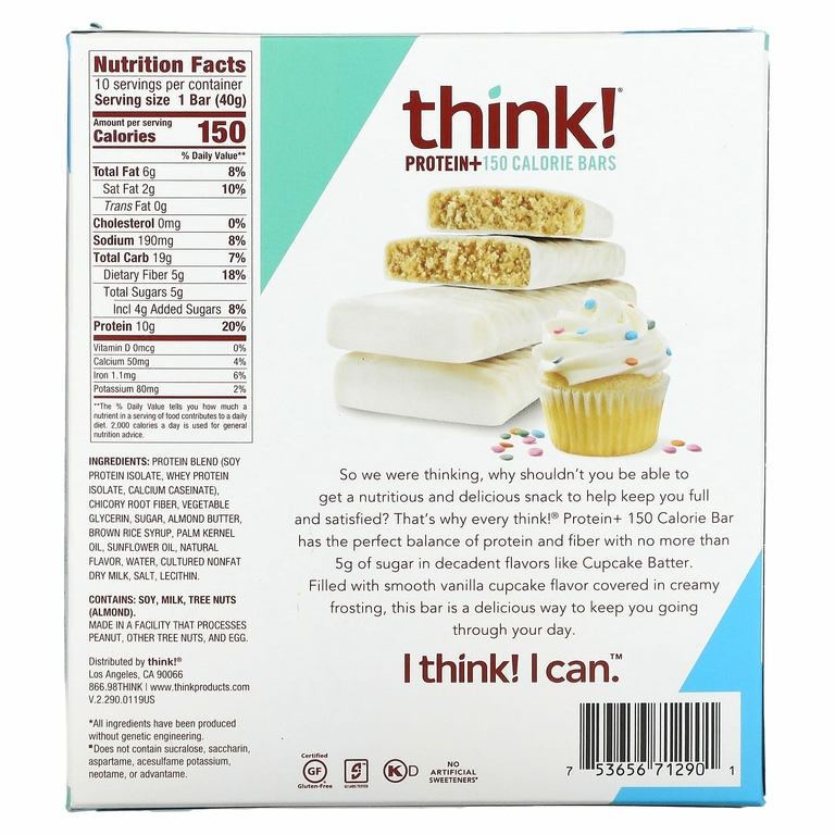 Think !, Protein+, 10 батончиков Cupcake Batter по 40 г (1,41 унции) и 150 калорий каждый