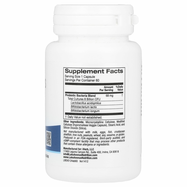 Lake Avenue Nutrition, пробиотики Acidophilus и Bifidus, смесь пробиотиков, 8 млрд КОЕ, 60 растительных капсул