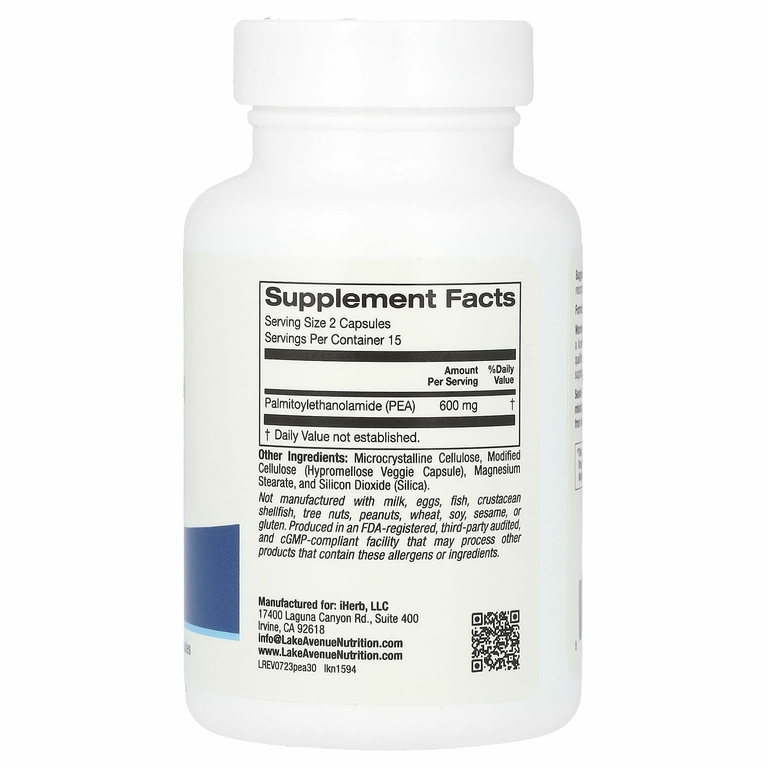 Lake Avenue Nutrition, ПЭА (пальмитоилэтаноламид), 30 вегетарианских капсул