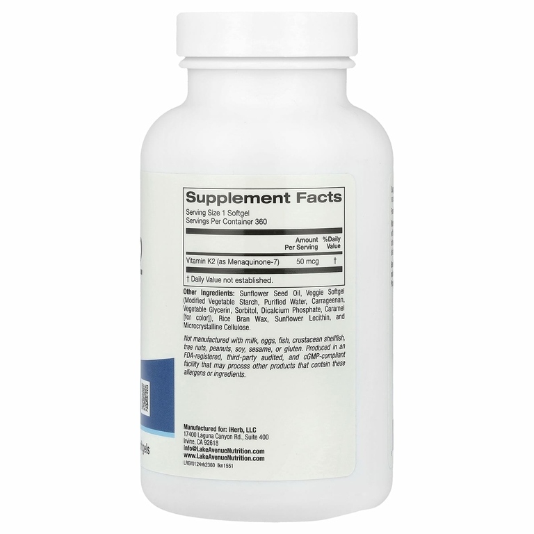 Lake Avenue Nutrition, витамин K2 (в виде менахинона-7), 50 мкг, 360 растительных капсул
