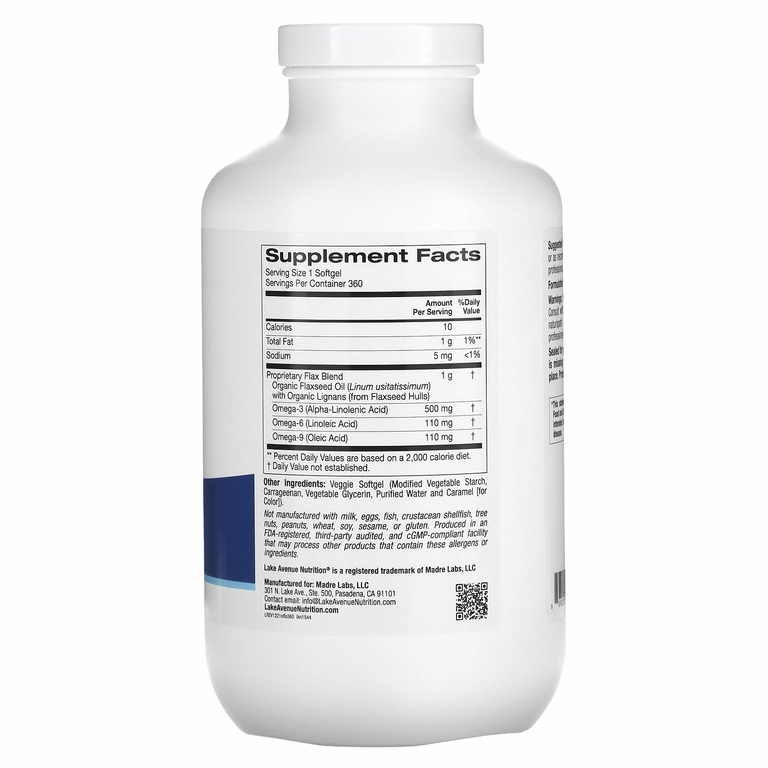 Lake Avenue Nutrition, органическое льняное масло холодного отжима с лигнанами, без гексана, 360 растительных капсул