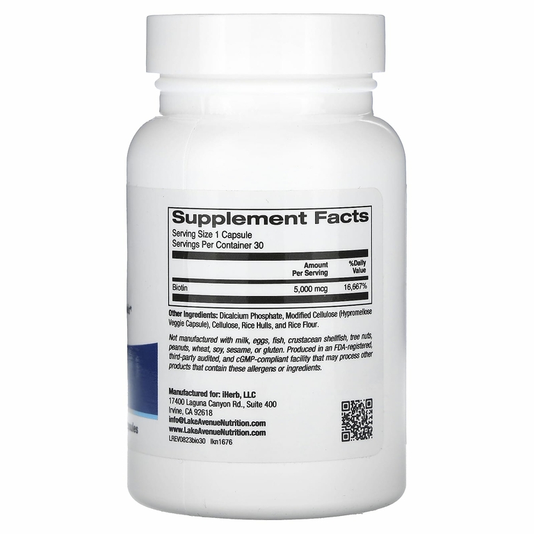 Lake Avenue Nutrition, биотин, 5000 мкг, 30 растительных капсул