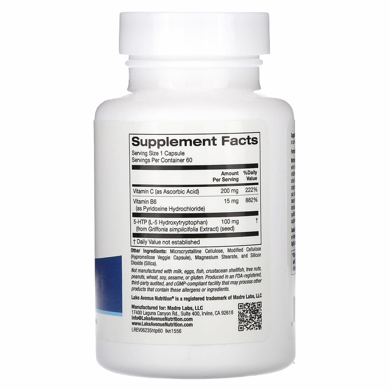 Lake Avenue Nutrition, 5-HTP с витаминами B6 и C, 100 мг, 60 растительных капсул