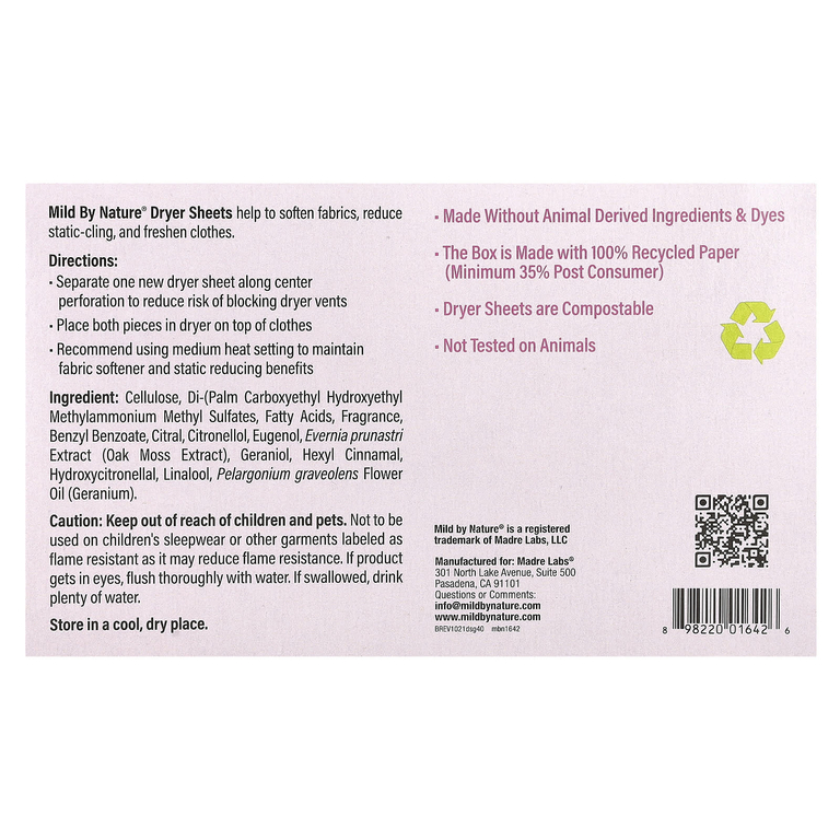 Mild By Nature, антистатические салфетки, с ароматом герани, 40 шт.