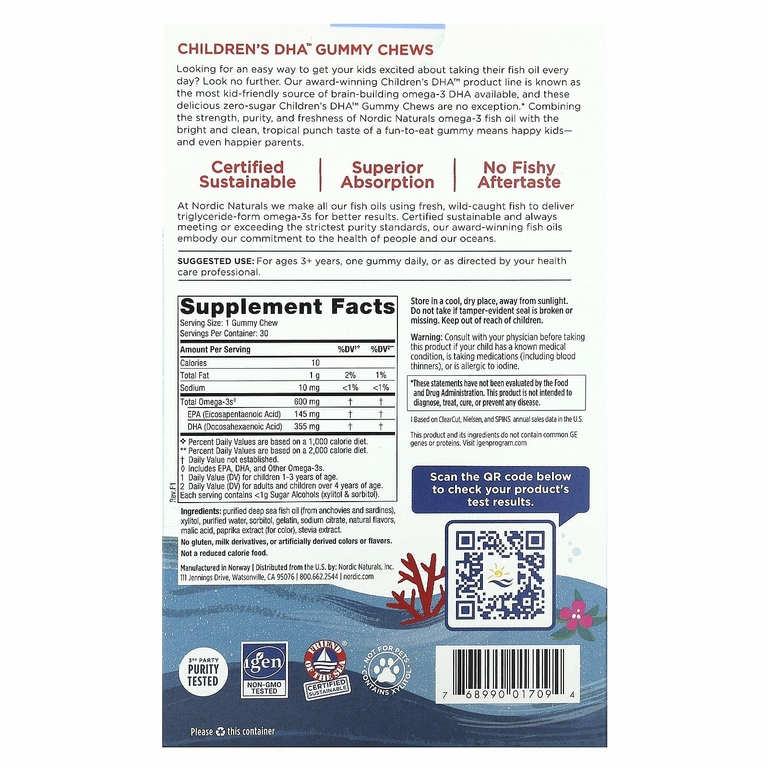 Nordic Naturals, Children's DHA, жевательные таблетки с ДГК, для детей от 3 лет, со вкусом тропических фруктов, 600 мг, 30 жевательных таблеток