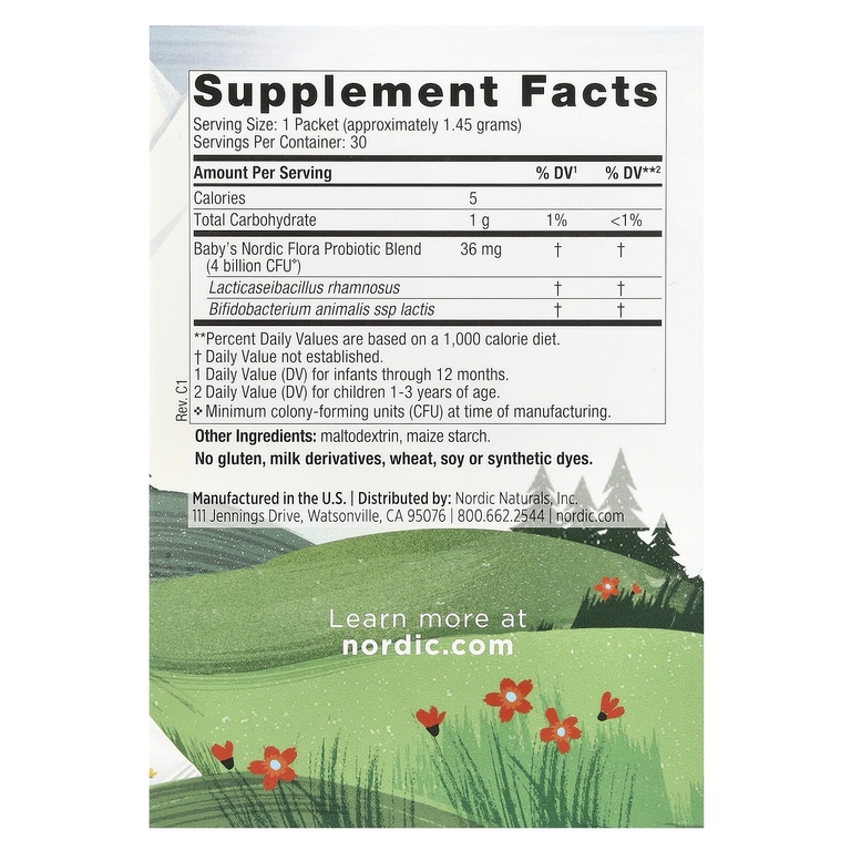 Nordic Naturals, Nordic Flora, порошок с пробиотиками для детей в возрасте от 6 месяцев до 3 лет, 4 млрд КОЕ, 30 пакетиков