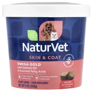 NaturVet, Omega-Gold, с жиром лосося и незаменимыми жирными кислотами, для собак и кошек, бекон и курица, 90 жевательных таблеток, 256 г (9 унций)