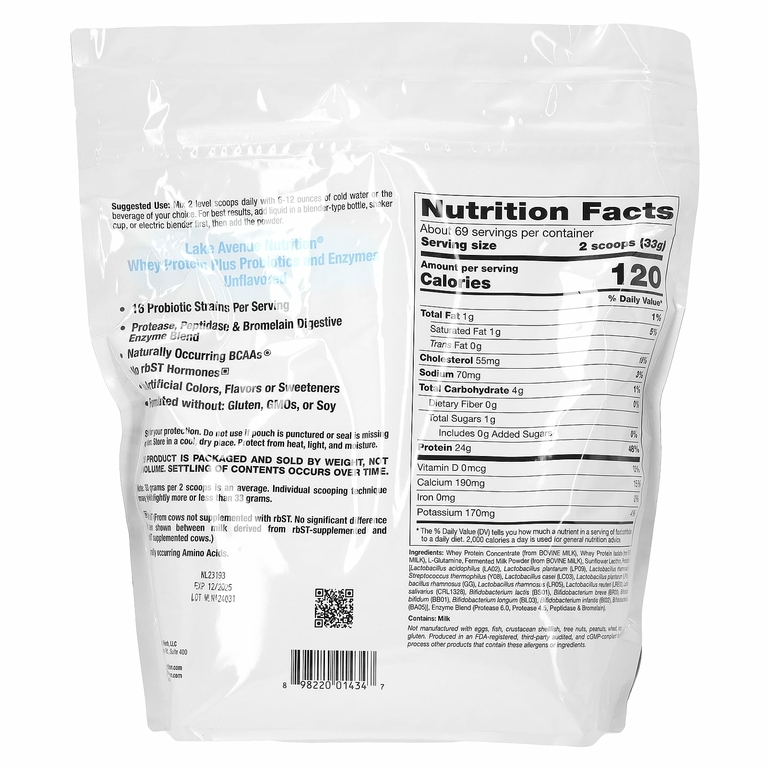 Lake Avenue Nutrition, сывороточный протеин с пробиотиками, без вкусовых добавок, 2,27 кг (5 фунтов)