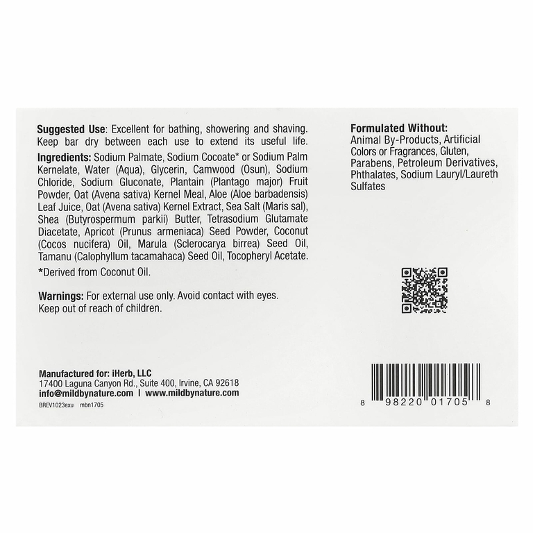 Mild By Nature, отшелушивающее мыло, с маслами марулы, таману и ши, без запаха, 141 г (5 унций)