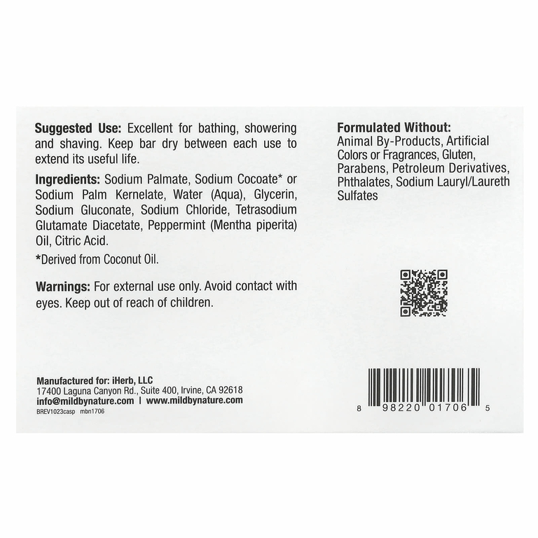Mild By Nature, кастильское кусковое мыло, с ароматом перечной мяты, 141 г (5 унций)
