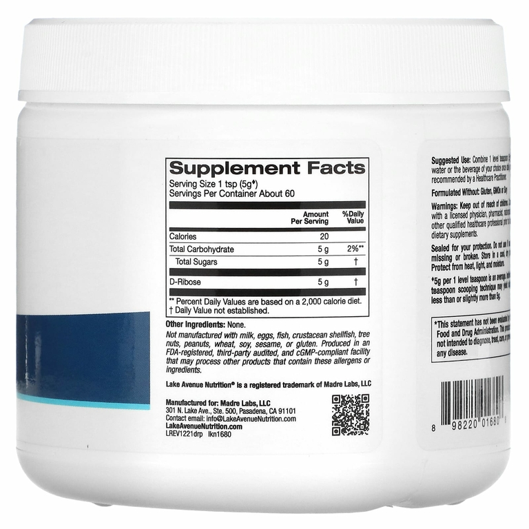 Lake Avenue Nutrition, D-рибоза в порошке, без добавок, 300 г (10,6 унции)