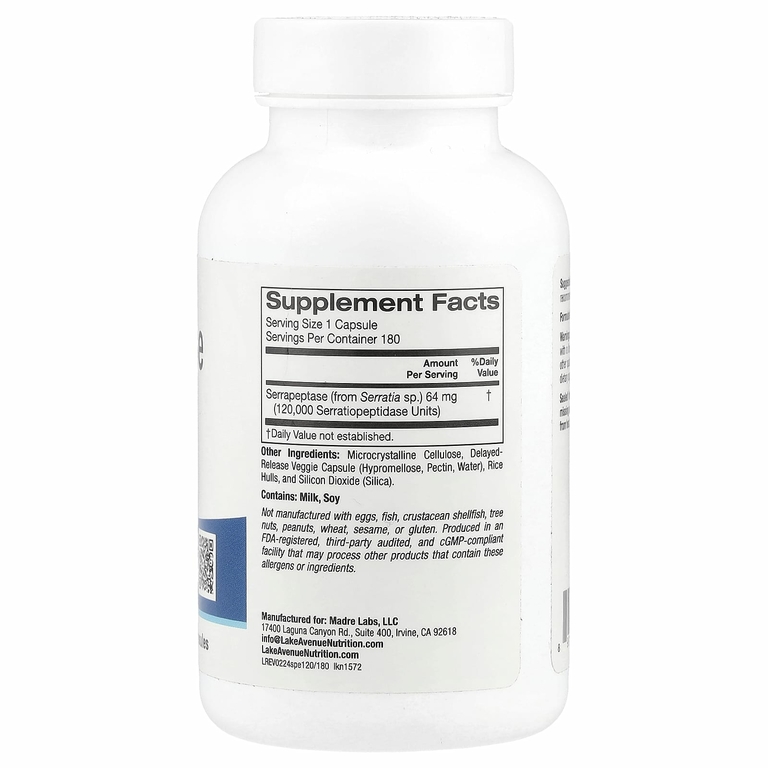 Lake Avenue Nutrition, Серрапептаза, протеолитический фермент, 120 000 SPU, 180 растительных капсул