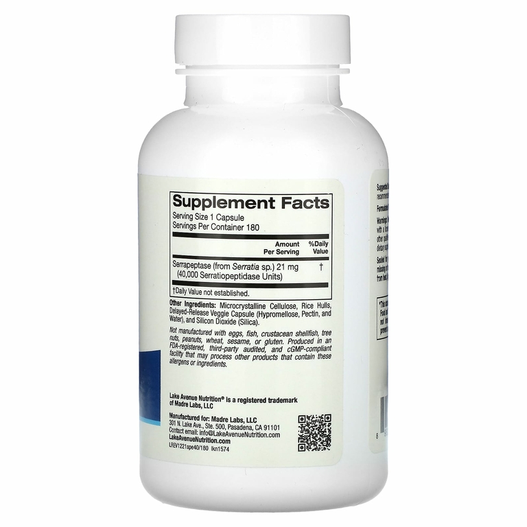 Lake Avenue Nutrition, серрапептаза, протеолитический фермент, 40 000 SPU, 180 растительных капсул