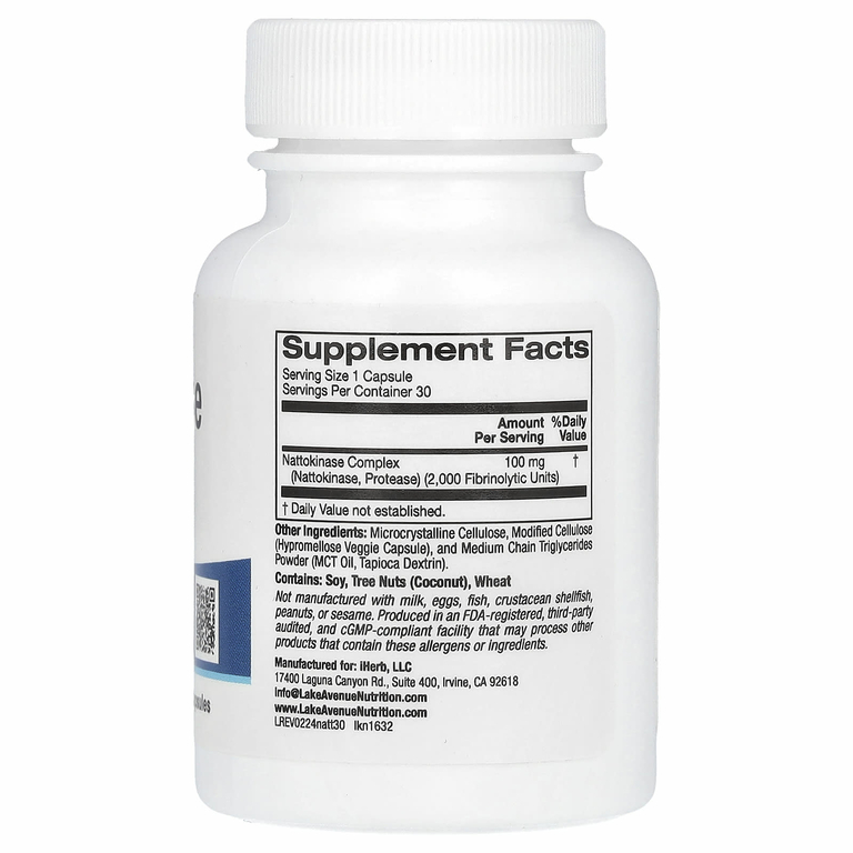 Lake Avenue Nutrition, Наттокиназа, протеолитический фермент, 2000 FU, 30 растительных капсул