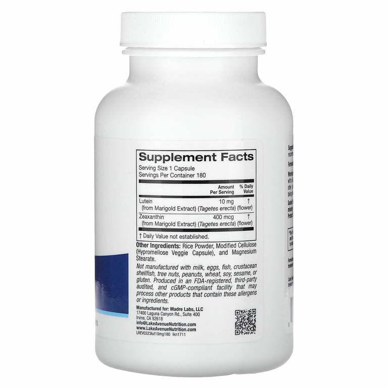 Lake Avenue Nutrition, лютеин, 10 мг, 180 растительных капсул