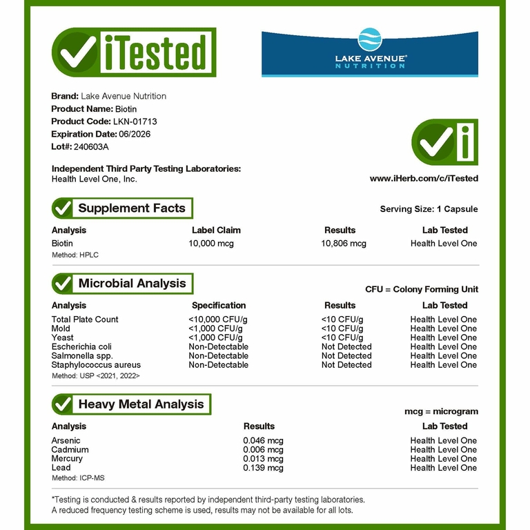 Lake Avenue Nutrition, Биотин, 10 000 мкг, 30 растительных капсул