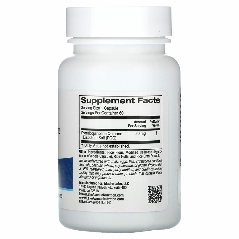 Lake Avenue Nutrition, пирролохинолинхинон, 20 мг, 60 растительных капсул