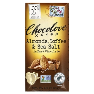 Chocolove, черный шоколад с миндалем, тоффи и морской солью, 55% какао, 90 г (3,2 унции)