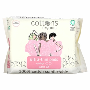 Cottons, Ультратонкие прокладки с крылышками, покрывающий слой из 100% чистого хлопка, Super, 12 штук