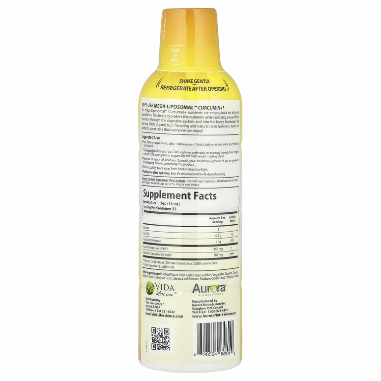 Aurora Nutrascience, Mega-Liposomal Curcumin+, мега липосомальный куркумин, со вкусом органических фруктов, 600 мг, 480 мл (16 жидк. унций)