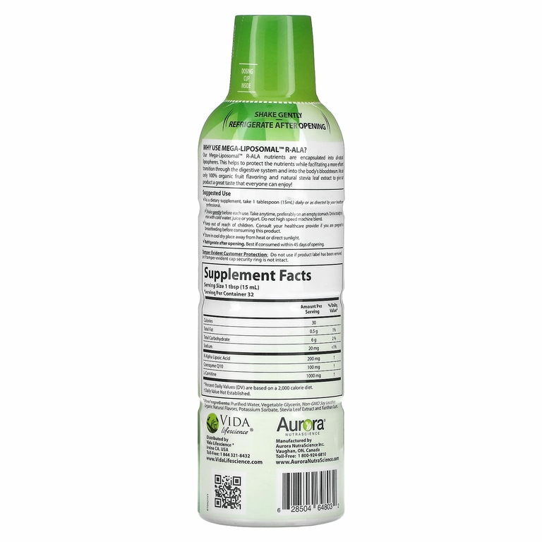 Aurora Nutrascience, Mega-Liposomal R-ALA, R-альфа липоевая кислота, со вкусом органических фруктов, 480 мл (16 жидк. унций)