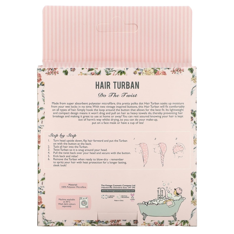 The Vintage Cosmetic Company, Тюрбан для волос, в розовый горошек, 1 штука