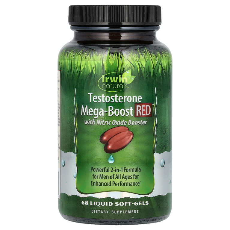 Irwin Naturals, Testosterone Mega-Boost RED, повышение уровня тестостерона, 68 капсул с жидкостью