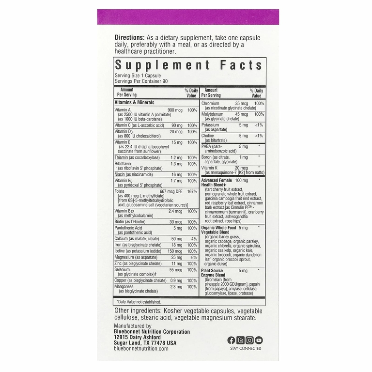 Bluebonnet Nutrition, Ladies' ONE, мультивитамины из цельных продуктов, 90 вегетарианских капсул (Товар снят с продажи) 