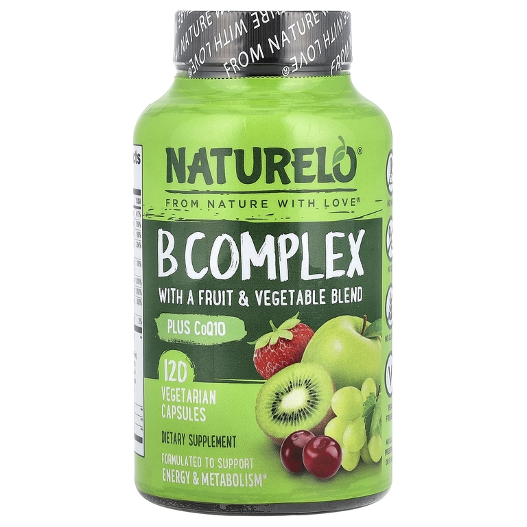 NATURELO, комплекс витаминов группы B со смесью фруктов и овощей, с коэнзимом Q10, 120 вегетарианских капсул