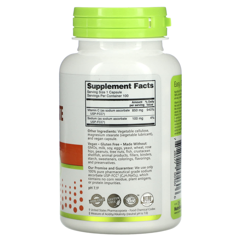 NutriBiotic, Immunity, аскорбат натрия, 100 веганских капсул