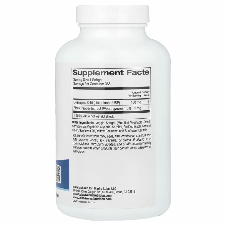 Lake Avenue Nutrition, CoQ10 Plus BioPerine, 100 мг, 365 растительных капсул