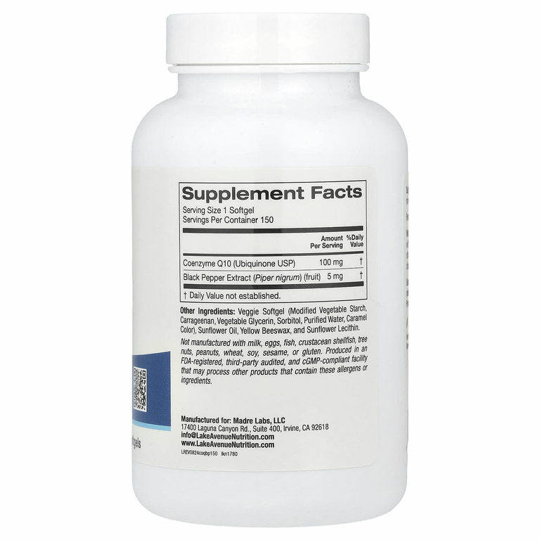 Lake Avenue Nutrition, Коэнзим Q10 с Bioperine®, 150 растительных капсул