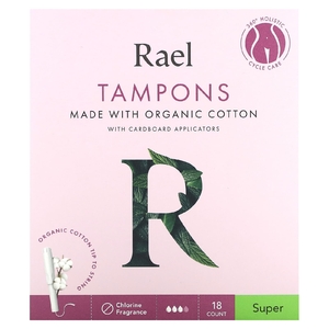 Rael, Тампоны из органического хлопка с картонными аппликаторами, Super, 18 шт.